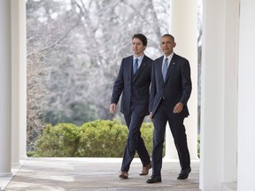 Prime Minister Justin Trudeau (left) and U.S. President Barack Obama arrive for a joint news conference in the Rose Garden at the White House in Washington, D.C. on Thursday, March 10, 2016. Environmental advocates say Canada's new methane regulations are going to leave the country well shy of its stated goal to nearly cut them in half in the next five years. Prime Minister Justin Trudeau promised four years ago that Canada would cut the methane emissions from fossil fuel production by 40 to 45 per cent by 2025 and introduced regulations to do so in 2018.