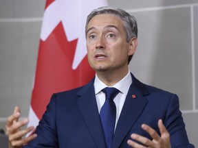 Canadian Foreign Minister Francois-Philippe Champagne attends a news conference during an official visit to Switzerland at the Von Wattenwyl Haus, in Bern, Switzerland, Monday, Aug. 24, 2020. Foreign Affairs Minister Francois-Philippe Champagne says Canada and its G7 allies are taking Russia's denials of the poisoning of Alexei Navalny with a "grain of salt."