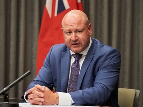 Manitoba chief provincial public health officer Dr. Brent Roussin speaks during the daily briefing at the Manitoba Legislative Building, in Winnipeg, Thursday Aug. 27, 2020.