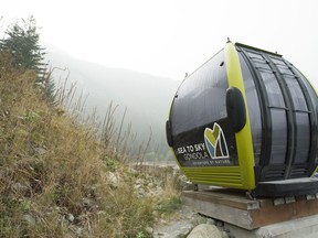 A gondola used as a sign near the parking lot is pictured at the base of the Sea to Sky Gondola in Squamish, B.C. Monday, September 14, 2020. The operators of a popular tourist gondola near Squamish, B.C., say the cable of the ride has been severed for the second time.