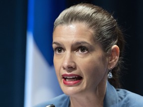 Quebec Deputy Premier and Public Security Minister Genevieve Guilbault speaks during a news conference on the COVID-19 pandemic, Friday, September 18, 2020 in Quebec City. Guilbault announced interventions by police forces across the province.