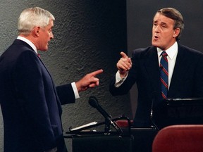 Liberal Leader John Turner and Conservative Leader Brian Mulroney point fingers at each other during a debate in the 1988 federal election campaign.