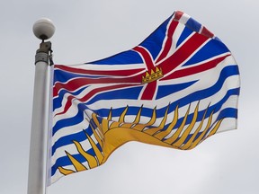 British Columbia's provincial flag flies on a flag pole in Ottawa, Friday July 3, 2020. British Columbia's financial outlook is being hammered by the COVID-19 pandemic, but the provincial government says a partial recovery is on the horizon next year.THE CANADIAN PRESS/Adrian Wyld