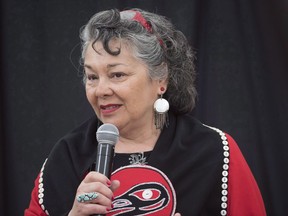 Joan Jack speaks to the commissioners at the National Inquiry into Missing and Murdered Indigenous Women and Girls taking place in Whitehorse, Yukon, Thursday, June 1, 2017. An Indigenous lawyer has filed a lawsuit against the firm that represented survivors of Indian day schools alleging she was not compensated for years of her work on the class-action case.