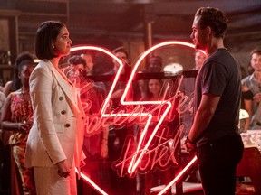 Geraldine Viswanathan and Dacre Montgomery let neon-thing come between them in The Broken Hearts Gallery.