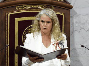 Gov. Gen. Julie Payette delivers the throne speech in the Senate chamber in Ottawa on Sept. 23, 2020.