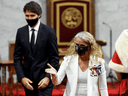 Governor General Julie Payette, right, leaves with Prime Minister Justin Trudeau after the throne speech in the Senate chamber in Ottawa, on Sept. 23, 2020.