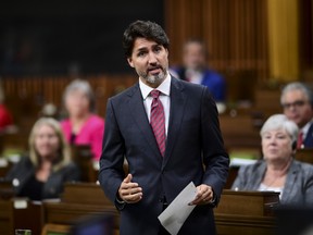 Prime Minister Justin Trudeau stands during question period in the House of Commons on Parliament Hill in Ottawa on Thursday, Sept. 24, 2020