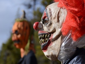 Halloween decorations are positioned to spook out drivers coming in and out of Evergreen Park south of Grande Prairie, Alta. on Saturday, Oct. 17, 2020.