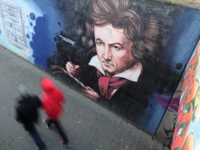A mural shows German pianist and composer Ludwig van Beethoven on the exit of a pedestrian tunnel in Bonn, Germany.