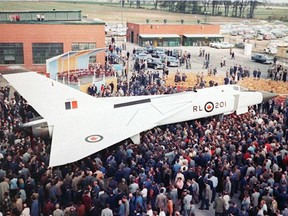 The Arrow's debut to the world as it was pulled out of the hanger to be viewed by Avro employees and invited guests.
