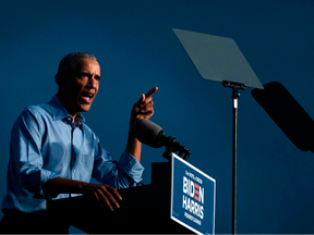 Former U.S. President Barack Obama addresses Biden-Harris supporters during a drive-in rally in Philadelphia, Pennsylvania on October 21, 2020.