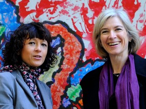 French researcher in Microbiology, Genetics and Biochemistry Emmanuelle Charpentier (L) and US professor of Chemistry and of Molecular and Cell Biology, Jennifer Doudna posing beside a painting made by children of the genoma at the San Francisco park in Oviedo, October 21, 2015.