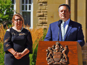 Alberta Minister of Municipal Affairs Tracy Allard with Premier Jason Kenney at a cabinet shuffle announcement in August 2020.