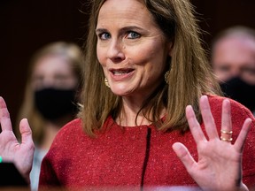 U.S. Supreme Court nominee Judge Amy Coney Barrett testifies before the Senate Judiciary Committee on the second day of her Supreme Court confirmation hearing on Capitol Hill on Oct. 13, 2020, in Washington, D.C.