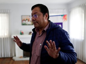 Luis Arce speaks during an interview with Reuters in La Paz, Bolivia, on Oct. 20.