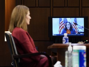 Senator Kamala Harris, Democratic vice presidential nominee, speaks via video conference as Amy Coney Barrett, U.S. President Donald Trump's nominee for associate justice of the U.S. Supreme Court, listens during a Senate Judiciary Committee confirmation hearing in Washington, D.C., U.S., on Tuesday, Oct. 13, 2020.