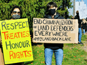 Protesters outside a courthouse in September in support of a legal challenge involving an injunction on disputed land in Caledonia.