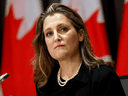 Finance Minister Chrystia Freeland, seen in a file photo from Oct. 28, 2020, sits on the board of trustees of the World Economic Forum (WEF), which advocates 