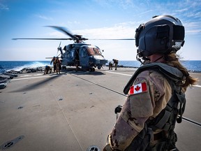 Members of the Canadian and German navies participate in helicopter touchdown landings with HMCS Halifax’s CH-148 Cyclone, in the Mediterranean Sea during Operation Reassurance, on Sept. 5, 2019.