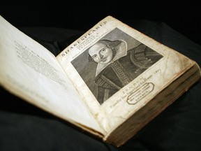 A "First Folio" edition of William Shakespeares' plays is pictured at Sotheby's auction house in London, in 2006.