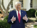 U.S. President Donald Trump speaks about his COVID-19 treatment in this still image taken from video, October 7, 2020.