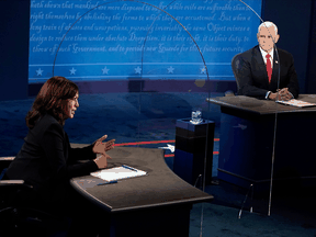 Democratic vice presidential nominee Kamala Harris, left, speaks during the vice-presidential debate with U.S. Vice-President Mike Pence on Oct. 7.