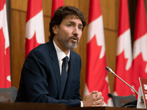 Prime Minister Justin Trudeau speaks at during a news conference Monday October 5, 2020 in Ottawa.