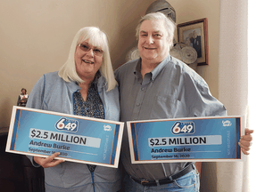 Andrew and Christine Burke hold up promotional winning Lotto 6/49 cheques in handout photo. The Alberta man won a $5-million Lotto 6-49 jackpot last month but had to share the prize with himself.