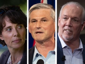 Green Leader Sonia Furstenau, Liberal Leader Andrew Wilkinson and NDP Leader John Horgan. The countdown is on to Oct. 24 B.C. election.