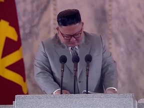 North Korean Leader Kim Jong Un reacts during a speech at a military parade marking 75th founding anniversary of Workers' Party of Korea (Wpk), in this still image taken from video on October 12, 2020.