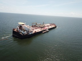 The Nabarima floating storage and offloading (FSO) facility, operated by the Petrosucre joint venture between Venezuelan state oil company Petroleos de Venezuela and Italy's Eni, is seen tilted in the Paria Gulf, between Venezuela and Trinidad and Tobago, October 16, 2020.