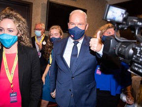 Erin O'Toole gives the thumbs up to supporters and staff after being announced as the new leader of the Conservative Party of Canada, in Ottawa on Aug. 24, 2020.