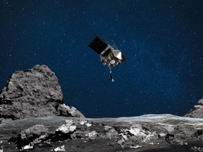 This NASA file image obtained August 11, 2020 shows an artist's rendering of the OSIRIS-REx spacecraft descending towards asteroid Bennu to collect a sample of the asteroids surface.