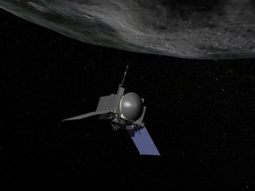 Artist’s concept of the OSIRIS-Rex spacecraft reaching out to scoop rocks from the surface of asteroid Bennu.