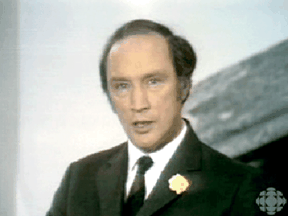 Prime minister Pierre Trudeau goes on television to explain why he thinks it is necessary to enact the War Measures Act during the October Crisis, Oct. 16, 1970.