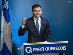 Paul Saint-Pierre Plamondon addresses Parti Quebecois members after winning the party's leadership race in Montreal on Friday, October 9, 2020.