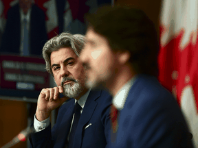 Liberal House Leader Pablo Rodriguez with Prime Minister Justin Trudeau during a press conference in Ottawa on Friday, Oct. 16, 2020. Rodriguez called the new Conservative motion on the WE Charity scandal “extremely partisan and irresponsible.”