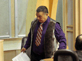 Patterk Netser finishes his speech during a vote held in the legislative assembly in Iqaluit, Nunavut, Friday, Oct.23, 2020, that saw him removed from cabinet over a post he made on social media.