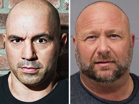 Alex Jones, right, who has been kicked off major web platforms, was a guest on the latest episode of “The Joe Rogan Experience”.