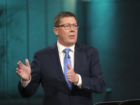 Saskatchewan Party Leader Scott Moe speaks during a leaders' debate at the Provincial Archives in Regina on Oct. 14.