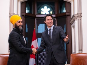 NDP Leader Jagmeet Singh meets with Prime Minister Justin Trudeau on Parliament Hill in a file photo from Nov. 14, 2019.