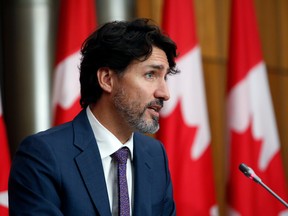 Prime Minister Justin Trudeau speaks during a news conference in Ottawa on Oct. 1, in which he mapped out a new plan for Canada's infrastructure bank as his government looks for ways to spur long-term economic growth after the COVID-19 pandemic.
