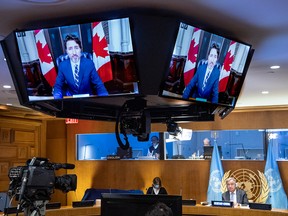 Prime Minister  Justin Trudeau speaks virtually during a meeting on financing the 2030 Agenda for Sustainable Development in the era of COVID-19, during the 75th session of the United Nations General Assembly on Sept. 29, 2020, at UN headquarters in New York.