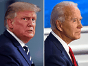 U.S. President Donald Trump during an NBC News town hall in Miami and Democratic Presidential candidate Joe Biden during an ABC News town hall in Philadelphia, at the same time on October 15, 2020.