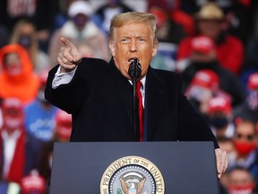 U.S. President Donald Trump speaks at a rally during the last full week of campaigning before the presidential election on Oct. 26, 2020, in Allentown, Penn.