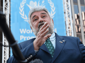 Deputy Executive Director Amir Mahmoud Abdulla speaks to reporters outside The World Food Program headquarters in Rome on October 9, 2020, after the announcement that the organization had been awarded the Nobel Peace Prize.
