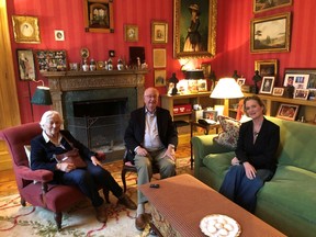 King Albert of Belgium and Queen Paola pose with a Belgian artist, Princess Delphine de Saxe-Cobourg, known also with her former name Delphine Boel, after she has been recognised as the daughter of Belgium's former King Albert II, becoming officially a princess, in this handout photo released by the Royal Palace on October 27, 2020. Picture taken October 25, 2020.