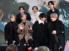 Left to right: Jimin, Jungkook, RM, J-Hope, V, Jin, and SUGA of the K-pop boy band BTS visit the "Today" Show at Rockefeller Plaza on Feb. 21, 2020 in New York City.