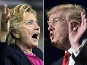 This file photo taken on November 08, 2016 shows  (COMBO) This combination of file pictures created on November 08, 2016 shows Democratic presidential nominee Hillary Clinton in Raleigh, North Carolina, September 27, 2016, and Republican presidential nominee Donald Trump in Reno, Nevada on November 5, 2016.